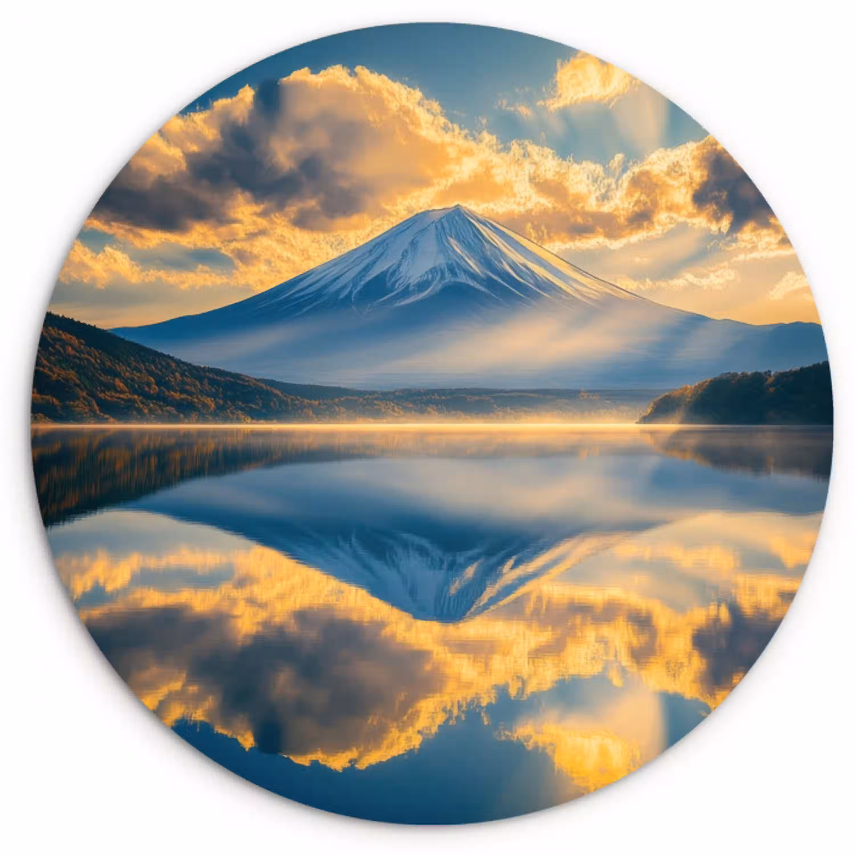 Berg - Rivier - Zonsondergang Wandcirkel kunststof plaat 5mm dik klein -3d