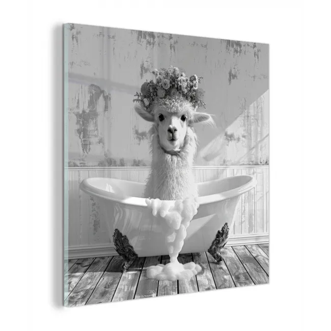 Alpaca - Bloemen - Dier - Bad - Zwart - Wit plexiglas 5mm klein -z3d