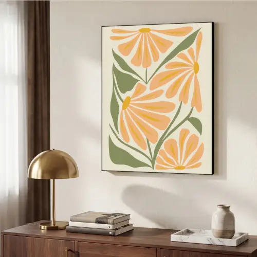 Blaadjes - Zachtoranje - Bloemen Textielframe zwart klein -sfeer3