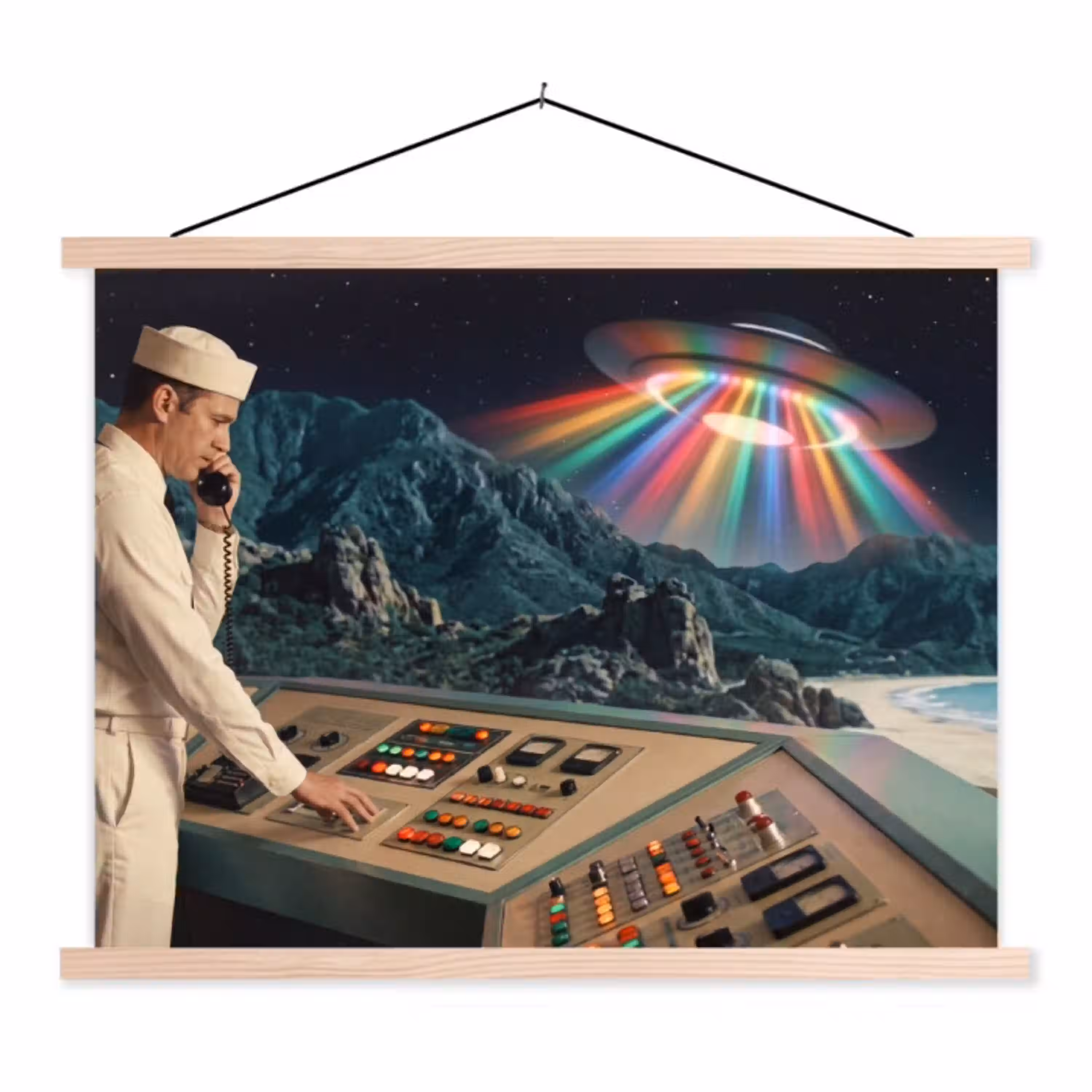 Man - Controlekamer - Strand textielposter latten blank klein -3d