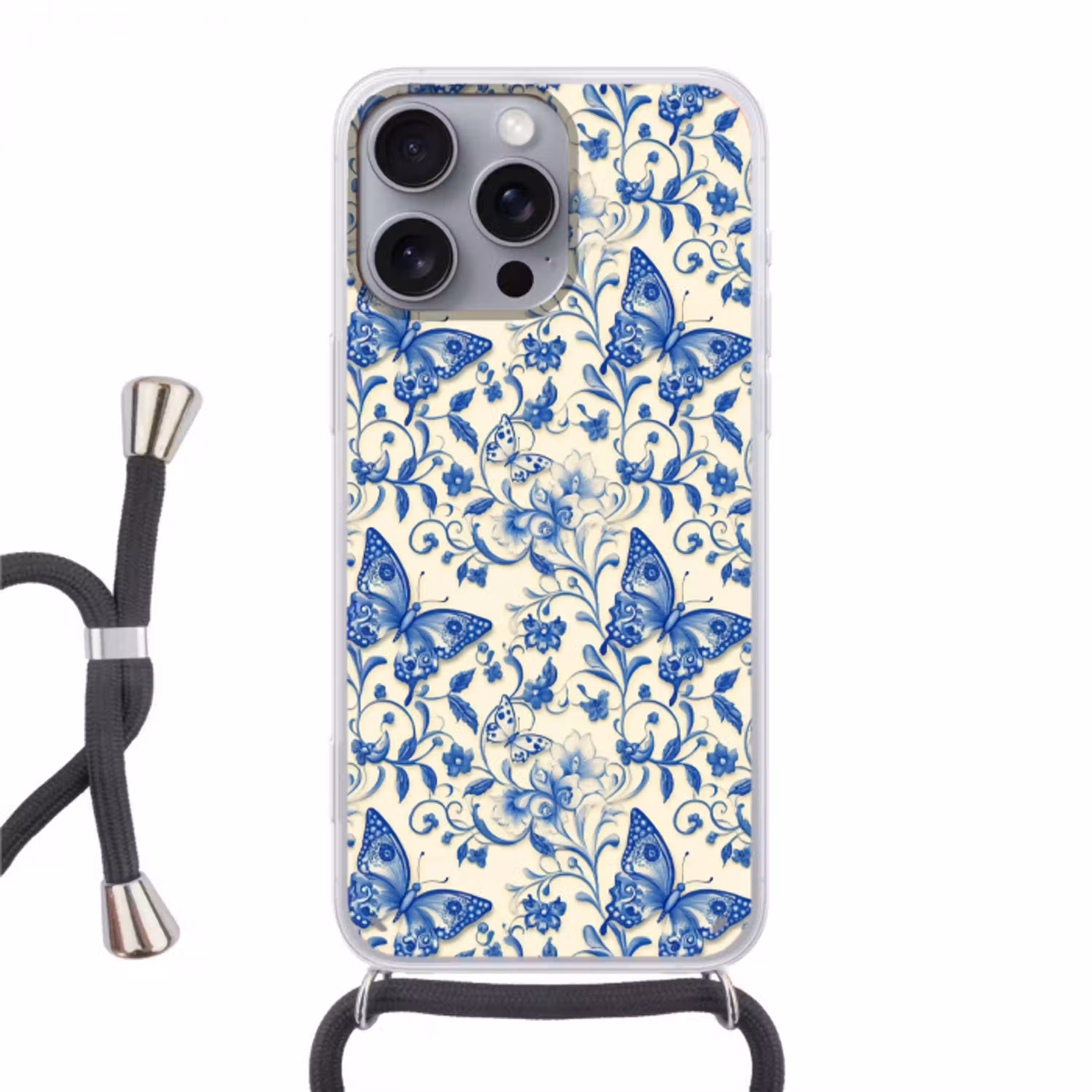 Vlinders - Bloemen - Blauw - Botanisch Hoesje iPhone 16 Pro Max met koord klein 804 -3d
