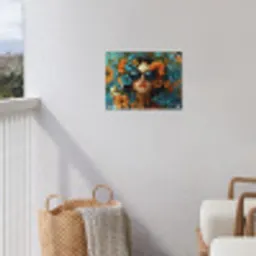 Vrouw - Bloemen - Oranje - Blauw - Modern tuinposter los doek klein -sfeer8