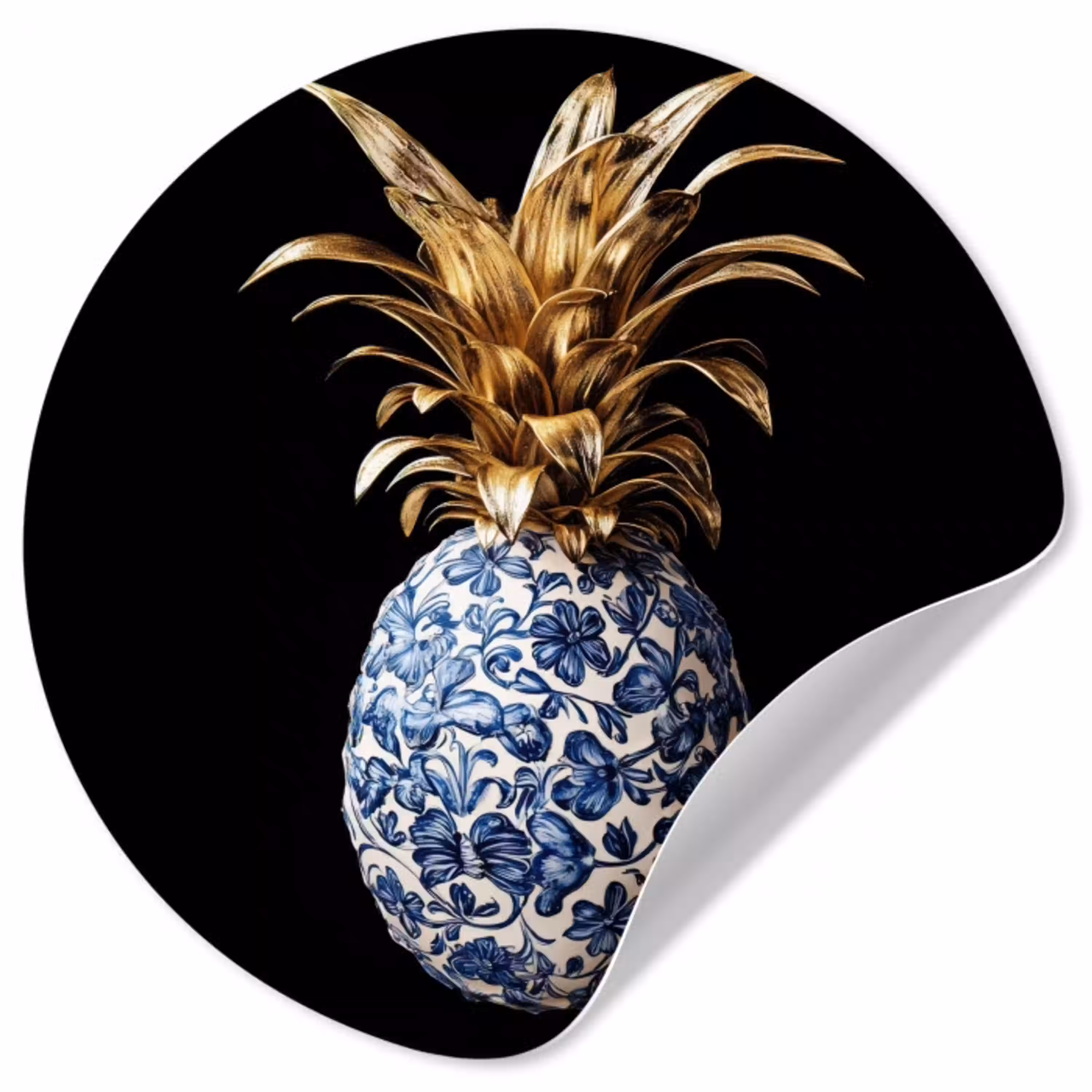 Ananas - Bloemen patroon - Goud - Delftsblauw Wandcirkel behangsticker klein -3d