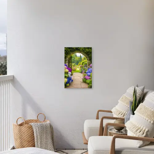 Doorkijk - Poort - Hortensia - Bloementuin Tuinposter op houten frame 2 cm dik klein -sfeer1