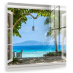 Doorkijk - Boom - Zee - Palmboom - Heuvels - Strand - Blauw plexiglas 5mm klein -zzzproduct_nieuw