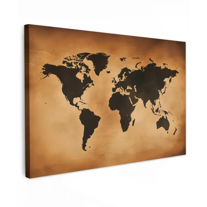 Wereldkaart - Bruin - Kaart Tuinposter op houten frame 2 cm dik klein -3d