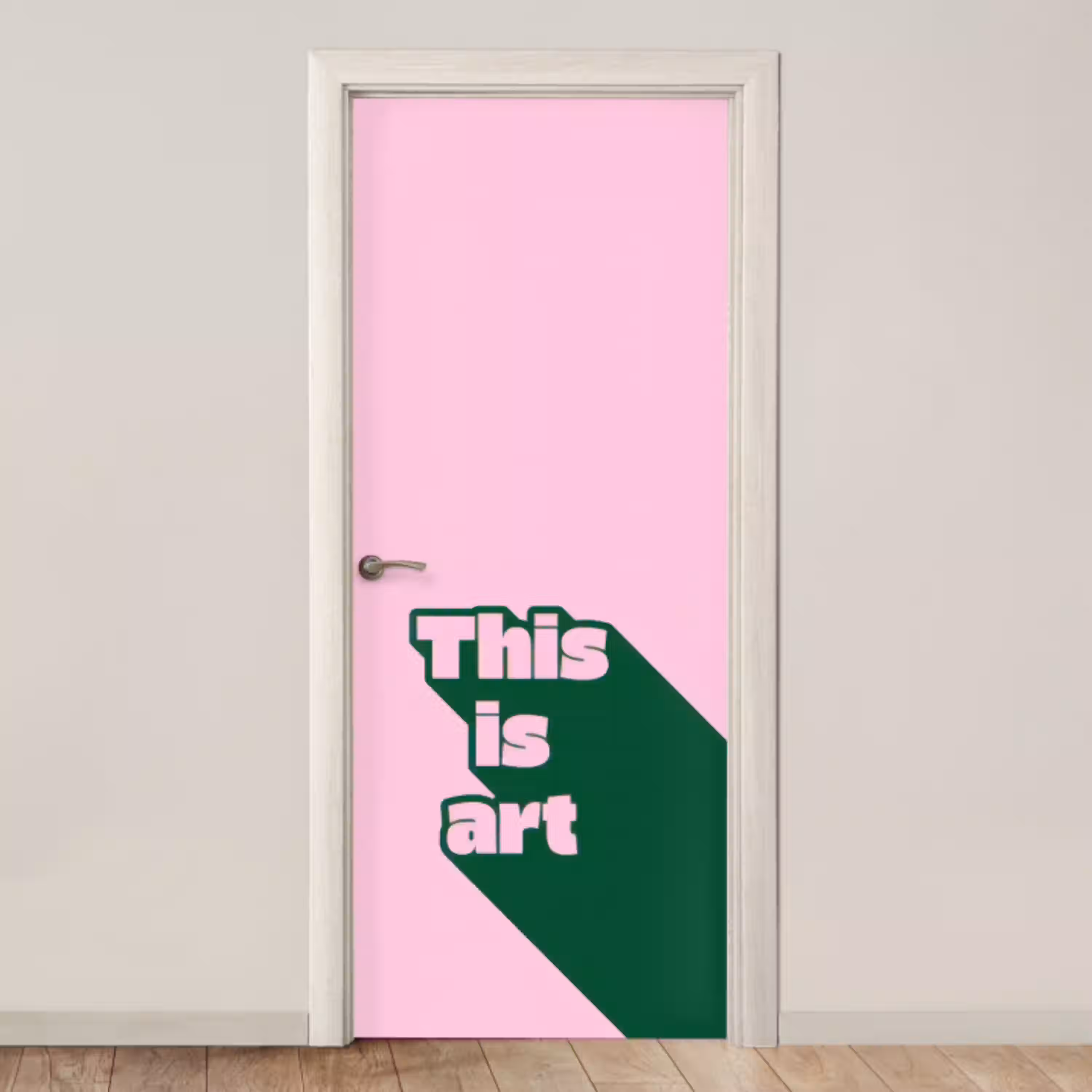 Groen - Teskt - This is art - Roze deurposter klein -3d_beige