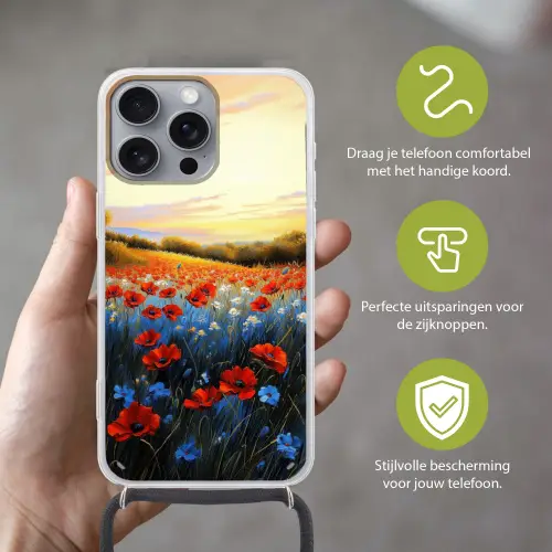 Klaproos - Bloemenveld - Kleurrijk Hoesje iPhone 16 Pro Max met koord klein -sfeer2_NL