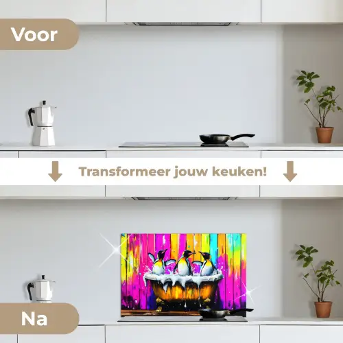 Pinguïns - Badkuip - Kleurrijk - Schuim keuken achterwand spatscherm klein -voor_na_NL