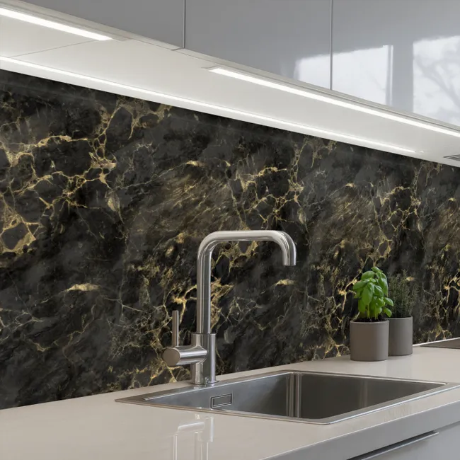 Crédence Cuisine - Noir - Marbre - Or - Nerf