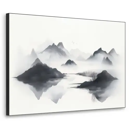 Bergen - Mistig - Water - Wit Textielframe - compleet frame klein -3d