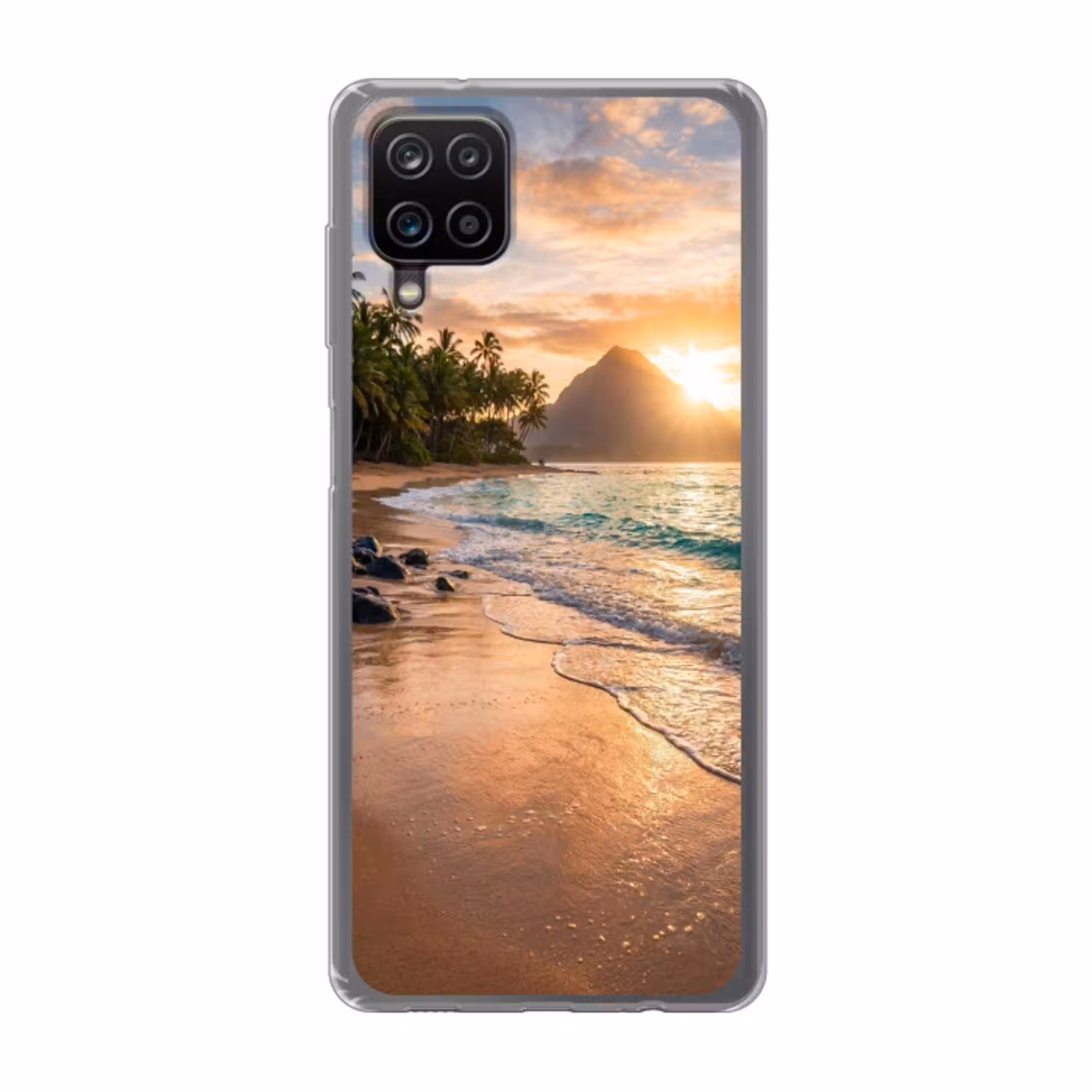 Zee - Berg - Landschap - Tropisch - Goud Telefoonhoesje Samsung Galaxy A12 klein -3d