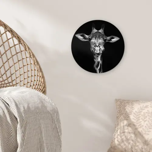 Giraffe - Portret - Dieren - Zwart - Wit Wandcirkel kunststof plaat 5mm dik klein -sfeer5