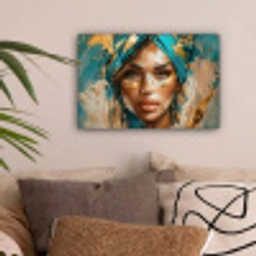 Vrouw - Portret - Goud - Luxe - Blauw canvas 2cm klein -sfeer1