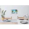 Doorkijk - Strand - Palmboom - Boot - Tropisch - Zee - Blauw Muursticker klein -eettafel