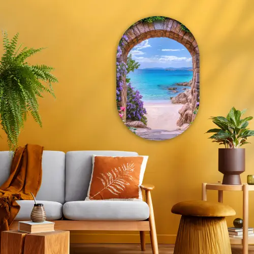 Doorkijk - Poort - Zee - Strand - Rotsen Wandcirkel Ovaal Glas middel -sfeer4