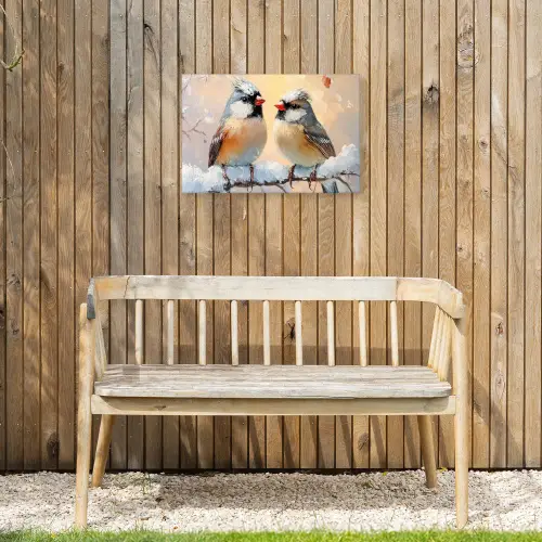 Vogels - Tak - Winter - Sneeuw Tuinposter op houten frame 2 cm dik klein -sfeer4