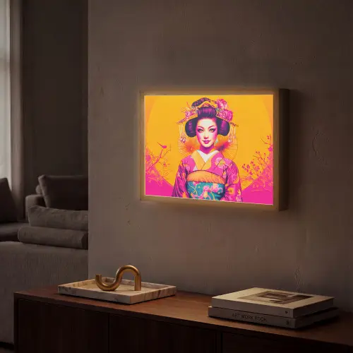 Bloemen - Vrouw - Kimono - Roze Light Box met batterij (Wandlamp) middel -sfeer1