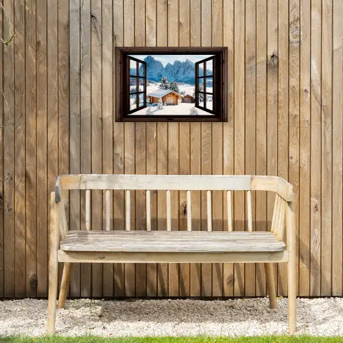 Doorkijk - Winter - Landschap - Huisje - Bergen Tuinposter op houten frame 2 cm dik klein -sfeer4