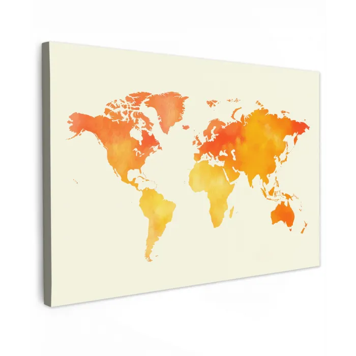 Wereldkaart - Oranje - Kleurrijk Tuinposter op houten frame 2 cm dik klein -3d
