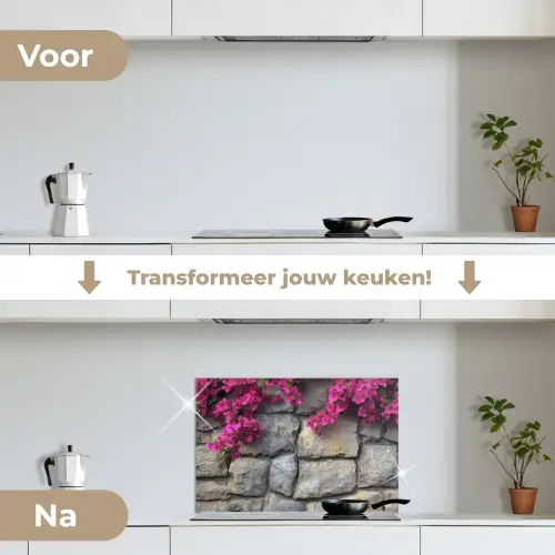 Bougainvillea - Stenen Muur - Roze keuken achterwand spatscherm klein -voor_na_NL