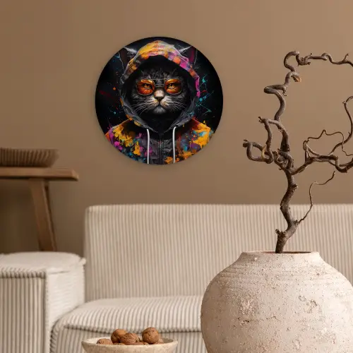 Kat - Jas - Graffiti - Bril - Zwart Wandcirkel kunststof plaat 5mm dik klein -sfeer1