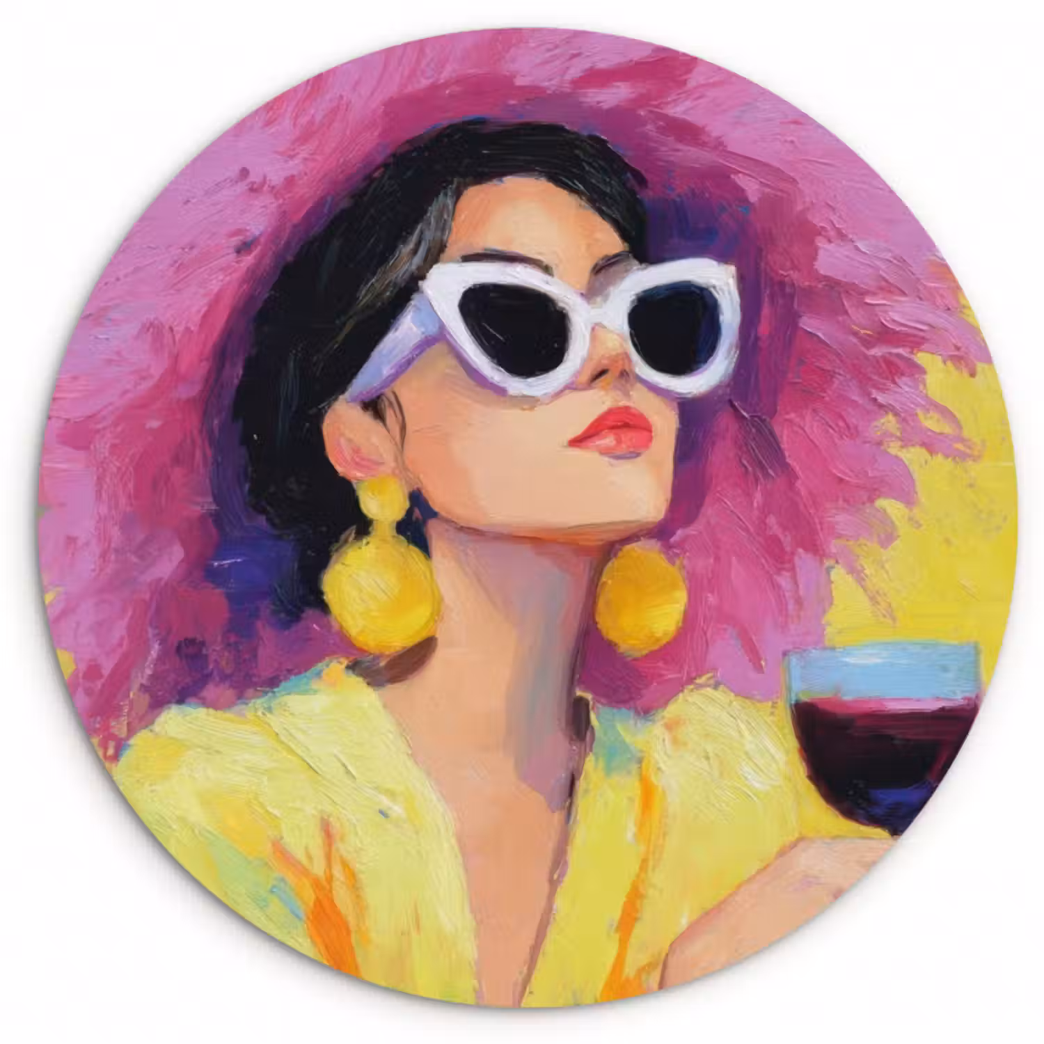 Glasbild Rund - Frau - Hut - Lila - Wein