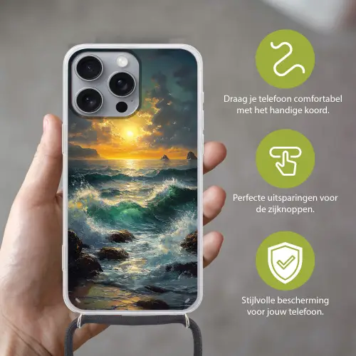 Zee - Zon - Golven - Rotsen Hoesje iPhone 16 Pro Max met koord klein -sfeer2_NL