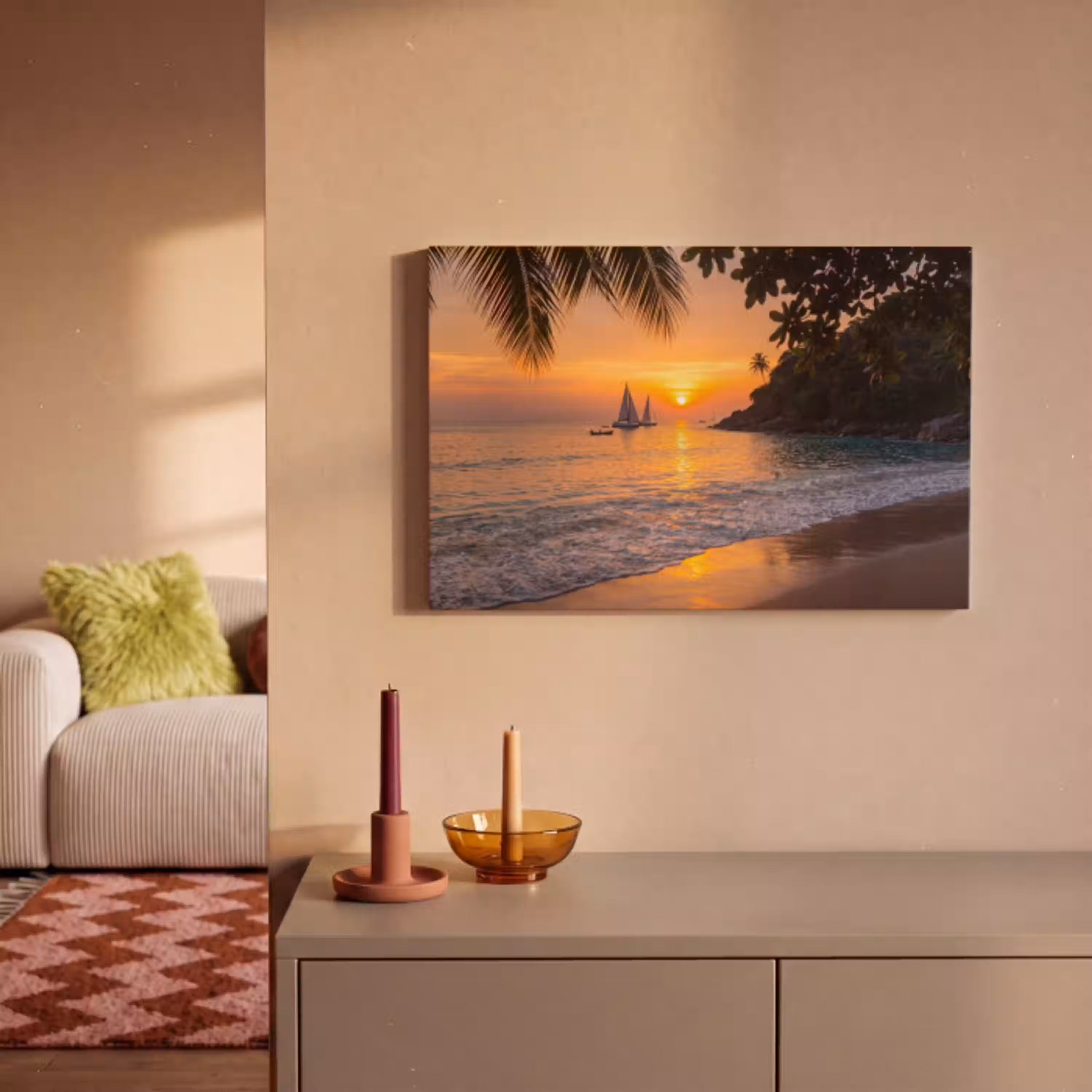 Zee - Zonsondergang - Boot - Natuur - Oranje canvas 2cm klein -sfeer1