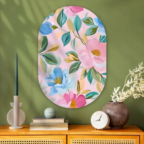 Blauw - Roze - Bloemen Wandcirkel Ovaal Glas middel -sfeer2