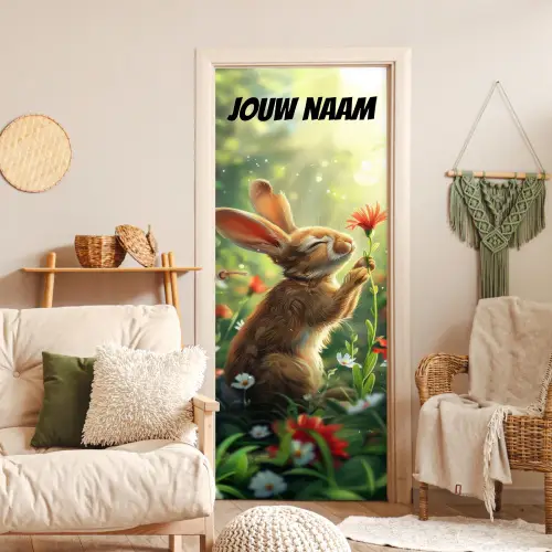 Schattig konijntje met bloem en de tekst “Deze kamer is van: jouw naam”. deurposter klein -sfeer2