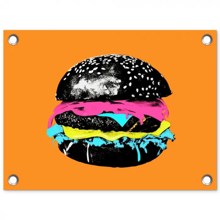 Hamburger - Oranje - Neon - popart tuinposter los doek klein -3d