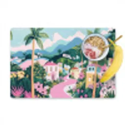Kleurrijk - Huizen - Heuvels - Roze Placemat vinyl groot -zzzproduct_Kitchenyeah-website