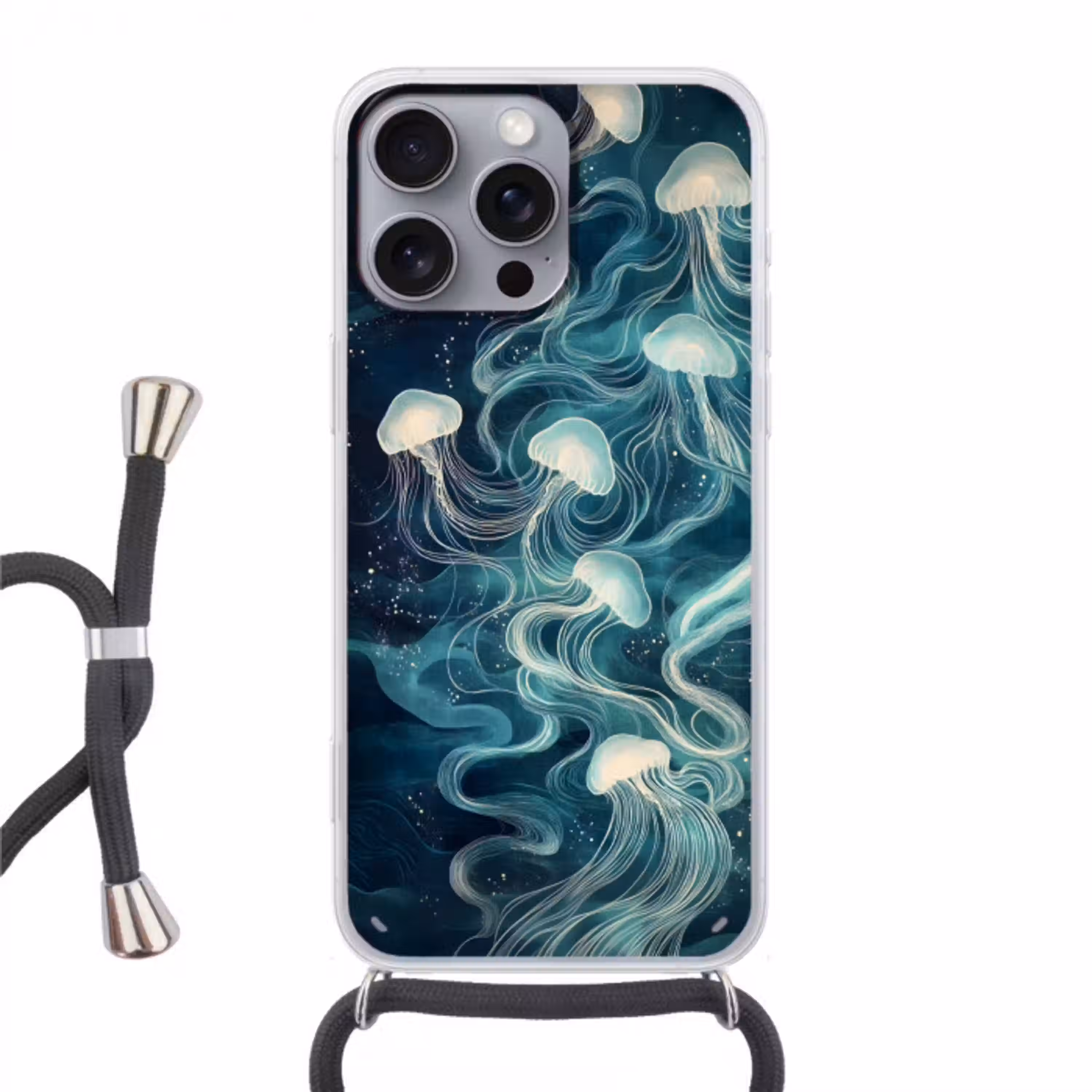 Kwallen - Zee - Wit - Golven Hoesje iPhone 16 Pro Max met koord klein -3d