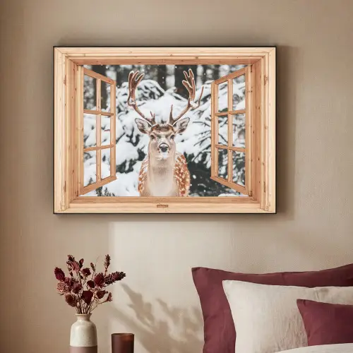 Doorkijk - Hert - Sneeuw - Winter - Bos - Dieren Textielframe - compleet frame klein -sfeer1