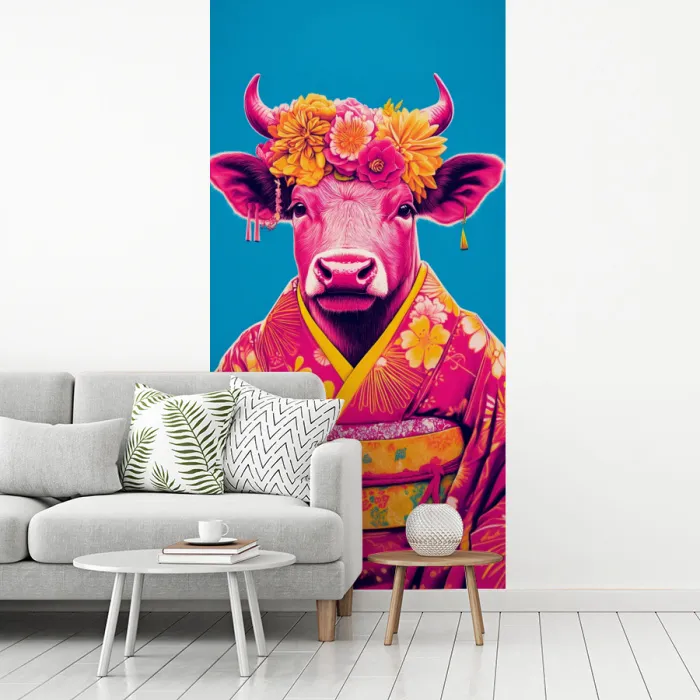 Koe - Bloemenkrans - Oorhangers - Kimono fotobehang vinyl groot -woonkamer