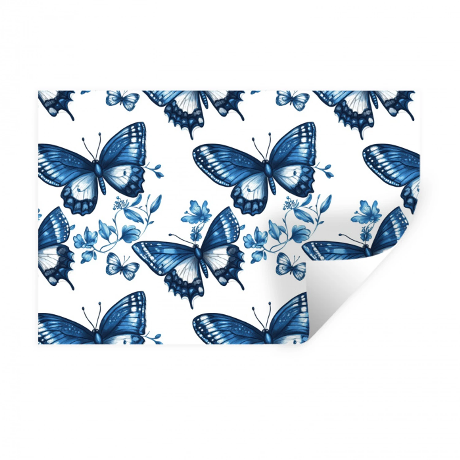 Blauw - Vlinders - Bloemen - Wit Muursticker klein 286 -3d