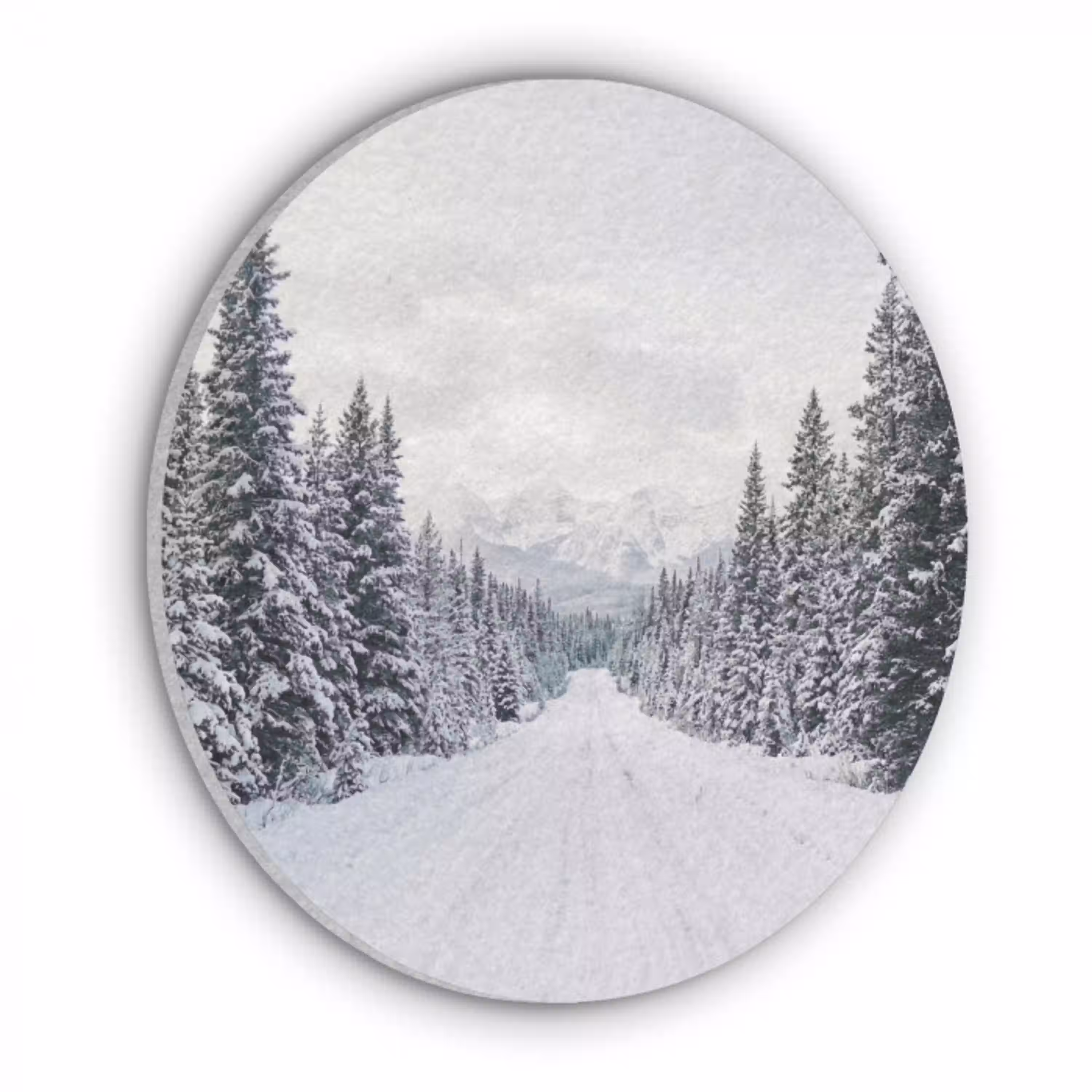 Weg - Sneeuw - Naaldbos - Winter - Avontuurlijk Akoestische PET Vilt - Rond klein -3d