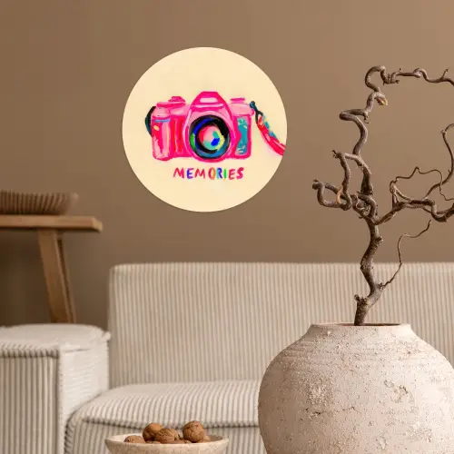 Camera - Memories - Roze - Geschilderd Wandcirkel behangsticker klein -sfeer1
