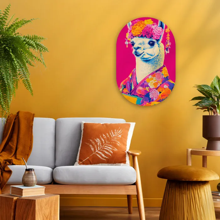 Lama - Kimono - Bloemenkrans - Felroze Wandcirkel Ovaal Forex klein -sfeer4