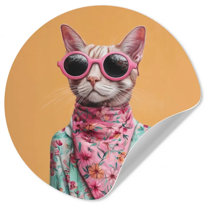 Zonnebril - Kat - Sjaal - Bloemen Wandcirkel behangsticker klein -3d