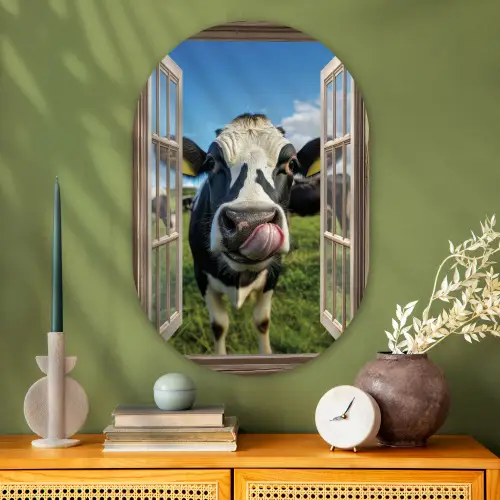 Doorkijk - Koe - Weiland - Dieren - Natuur Wandcirkel Ovaal Glas middel -sfeer2