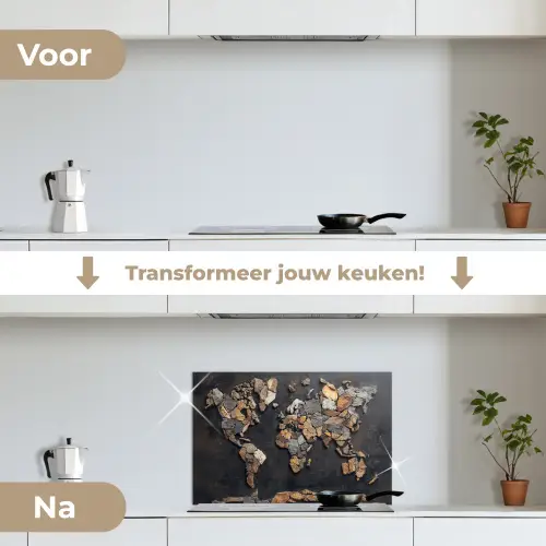 Wereldkaart - Stenen - Realistisch keuken achterwand spatscherm klein -voor_na_NL
