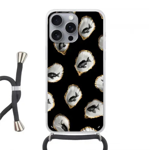 Oesters - Zwart - Vissen - Goud Hoesje iPhone 16 Pro Max met koord klein -3d