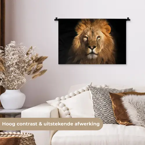 Leeuw - Dieren - Zwart - Licht - Bruin - Portret Wandkleed katoen klein -sfeer1