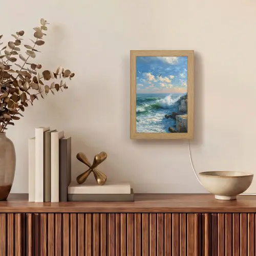 Zee - Golven - Rotsen - Meeuwen Light Box met kabel (Tafellamp) klein -sfeer2