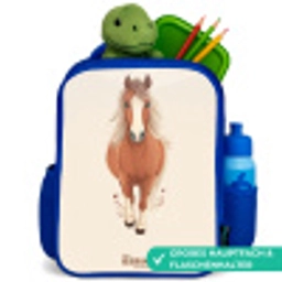 Bruin paard in gallop Kinderrugzak - Blauw middel -inhoud_DE