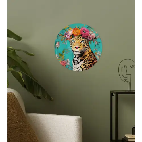 Luipaard - Bloemen - Kroon Wandcirkel behangsticker klein -sfeer2