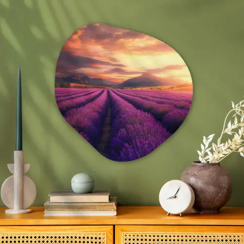 Lavendelveld - Zonsondergang - Paars Wandcirkel Organisch Plexiglas middel -sfeer2