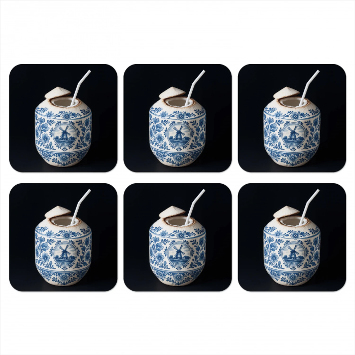 Kokosnoot - Eten - Delfts blauw - Drinken onderzetter kurk middel -3d